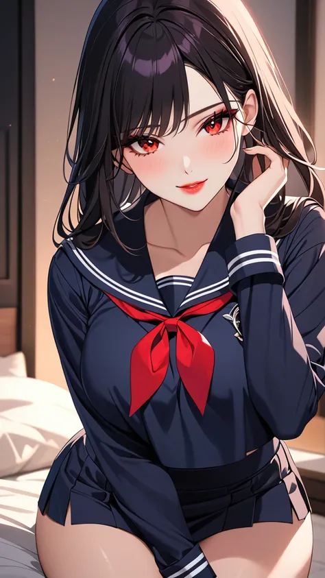 Highest quality　masterpiece　High resolution　masterpiece, black messy hair, middle parted hair 　red glowing Eyes, seductive lips, teasing smile, , make up, glowing, beautiful, sit,lower eyeliner, darkness aura, adjusting hair , big breast, long sleeves sail...