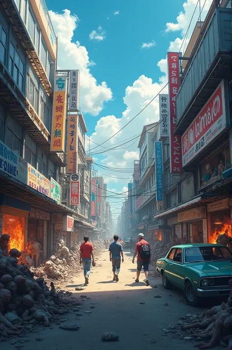 A anime theme warehouse which is attacked by zombies, its day time, everyone has been killed, zombies are roaming around, cars are burning, animals are running 