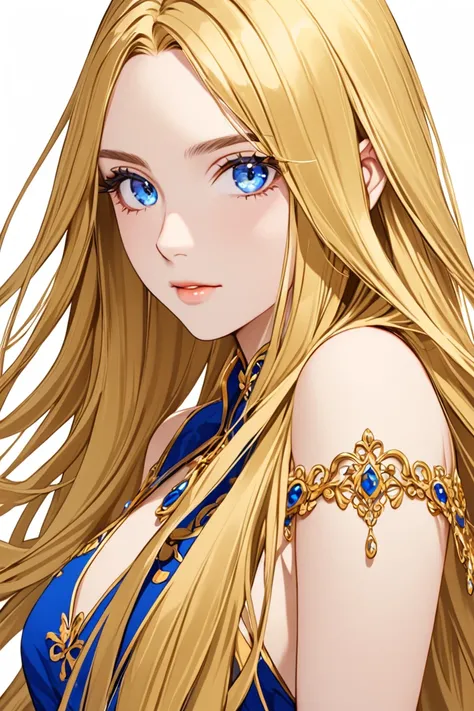 female with long gold hair, blue eyes, simple background 