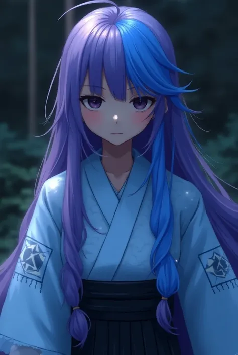  purple long hair that hides the waist　Two-color purple and blue hair 　 turn a section of ones bangs blue blue blue with blue highlights on the bangs　 part of the bangs is light blue 　Dark Eyes　Sharp, Cool Eyes 　Light blue haori coat　Blue coat with white t...