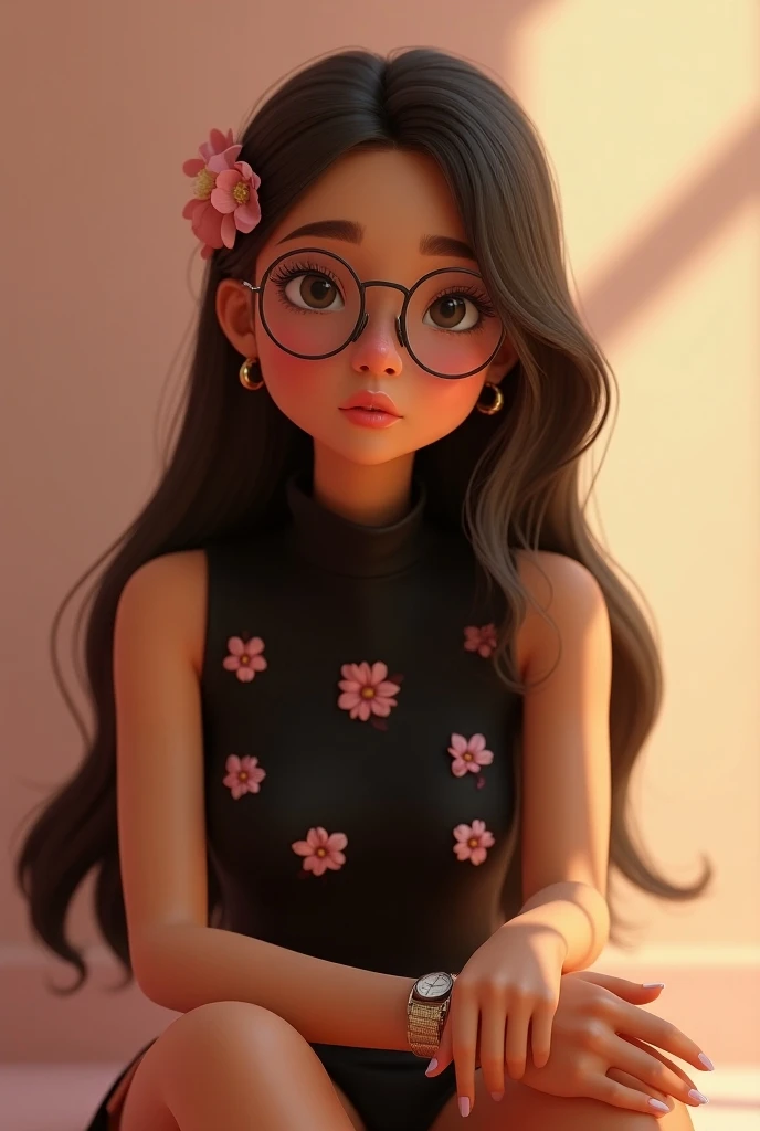 A 28-year-old Pixar 3D styled woman, she sits with her hands holding her knees, she has a watch on her arm, she wears glasses, has long hair with a flower tied in her hair, waves and wears a black turtleneck dress with flowers.