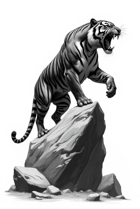 Remove the background and draw a magnificent picture of a backtiger roaring on a rock using only black and white