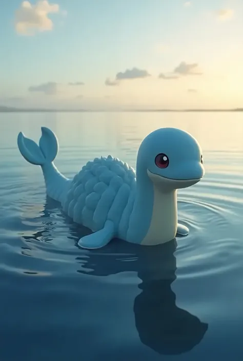 Lapras: A graceful, whale-like creature with a calm expression, gliding through a tranquil ocean at dusk. Its shell has elegant, soft ridges, and its large eyes show wisdom and kindness as it moves through the water.Parameters: --ar 9:16 --style raw --styl...