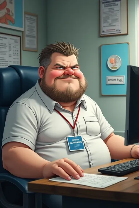 Create an image of an anime-faced white man sitting in front of a computer in an office,  this man is white with his hair brushed to the side , He has a beard and has a badge with the name Alexandre .   Behind him there is a blue plate with the company nam...