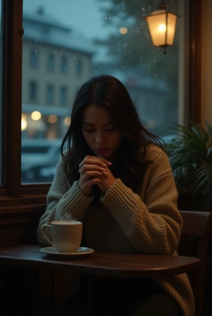 On a rainy afternoon, she sat alone in a café,