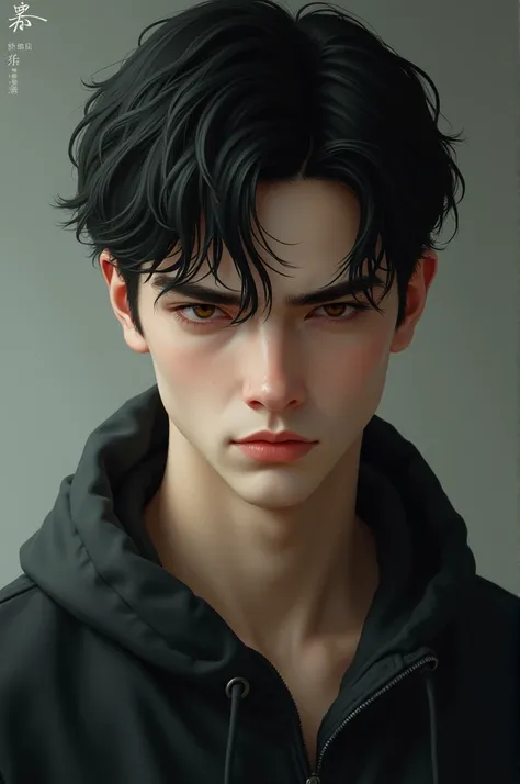 Male with pale complexion ,  brown eyes with short dark hair . of thin build, but not too much,  and slightly marked jaw . normal nose,  hair with few ripples and thin eyebrows.  Challenging look and Western features .