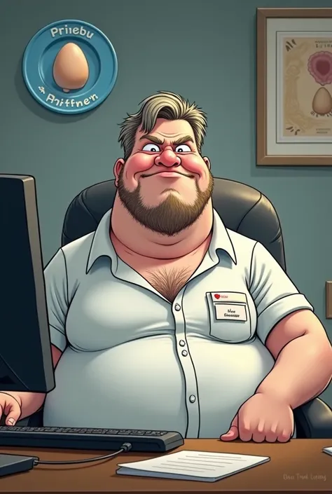 Create an image of an anime-faced white man sitting in front of a computer in an office,  this man is white with his hair brushed to the side , He has a beard and has a badge with the name Alexandre .   Behind him there is a blue plate with the company nam...