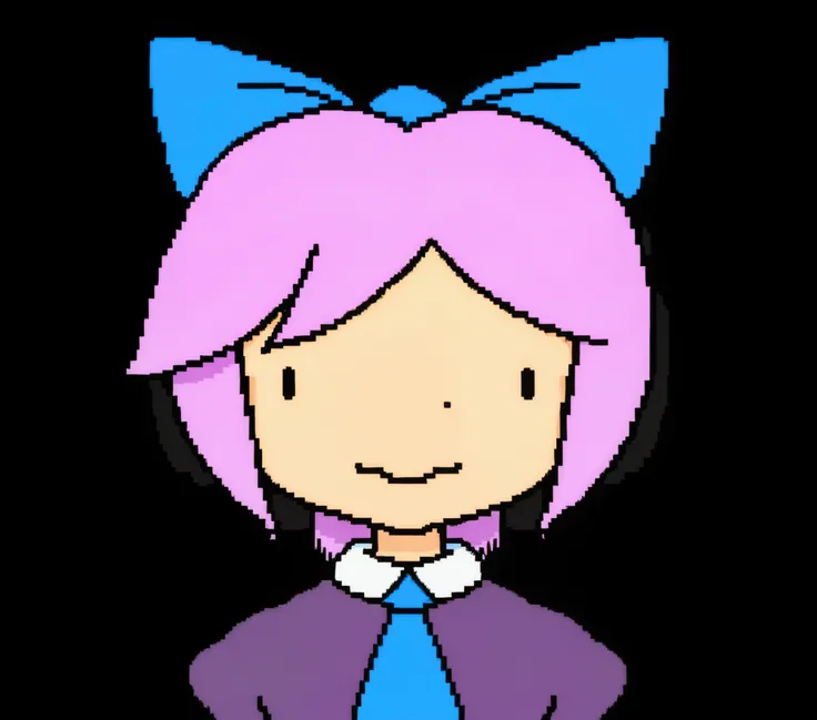 a close up of a person wearing a purple and blue outfit, SPRITE 2D, madeline de celeste, Visual soap opera sprite ,  She has purple hair , anime girl named Lucy, 2d anime style, pink hair in two braids and cyan-blue eyes , unknown art style, Dark face, [[[...