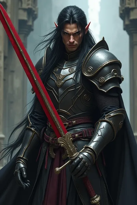 Dark-haired male elf and armour red sword clothing 