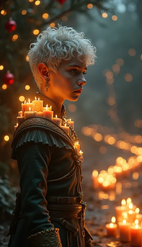 Alta calidad, 8K "Ultra-realistic, full-body portrait of a young boy , ethereal elven man standing in a dark, atmospheric setting filled with an overwhelming abundance of candles, creating a surreal and festive wonderland. The character has a slender, tone...