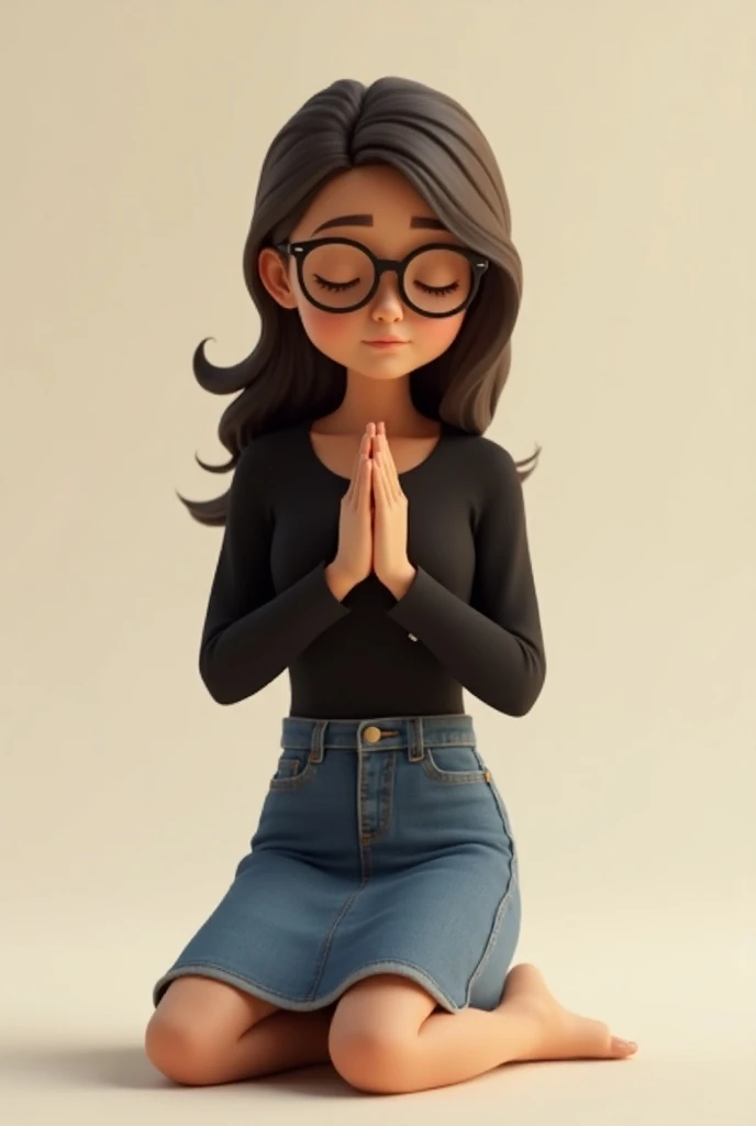 A 3D Pixar style she is kneeling praying she has glasses she has long layered hair she wears glasses and is wearing a black blouse she wears a denim skirt 