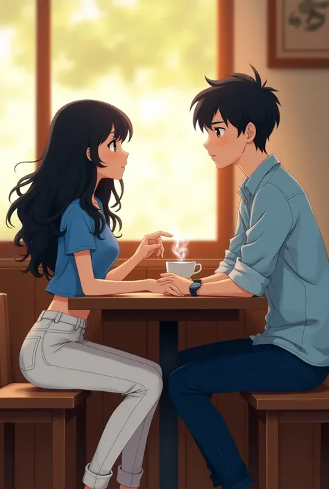 An anime girl with long curly black hair wearing white colour jeans with blue top talks to an anime boy of 20 age wearing navy blue pant and sky blue shirt in an cafe...