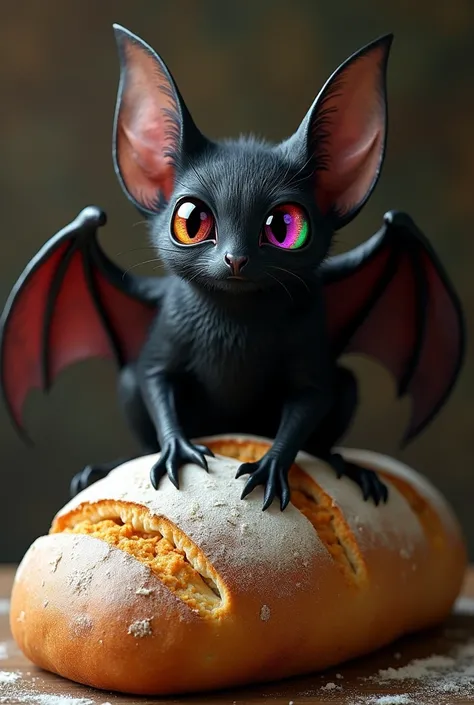  Creates a bat with one eye green and the other red and purple, That bat is on top of a bread  