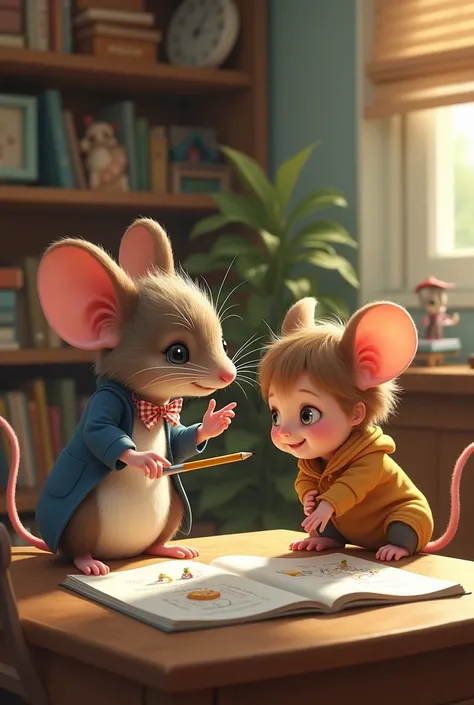 a mouse teaching a child how to do their fun homework