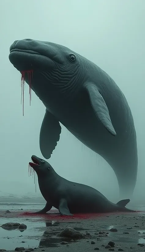 A dead seal is lying on the ground Both are bleeding from their mouths and whale is standing with one foot on top of the whale size bigger then seal.