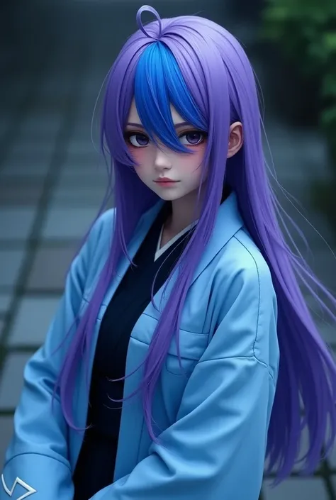  purple long hair that hides the waist　Two-color purple and blue hair 　 turn a section of ones bangs blue blue blue with blue highlights on the bangs　 part of the bangs is light blue 　Dark Eyes　Sharp, Cool Eyes 　Light blue haori coat　Blue coat with white t...