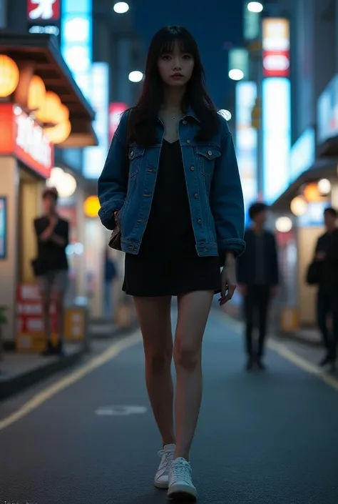  high resolution on down, Full Body View, Photogenic,  Japanese women, Beautiful, shining face ,  Black hair , He is wearing a tunic, denim jacket, and sneakers,  modern and stylish , He is carrying a small bag on his back, Around a Tokyo station at night,...