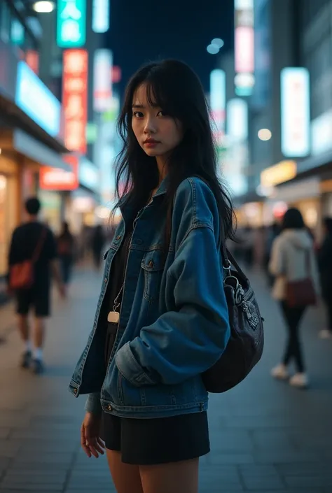  high resolution on down, Full Body View, Photogenic,  Japanese women, Beautiful, shining face ,  Black hair , He is wearing a tunic, denim jacket, and sneakers,  modern and stylish , He is carrying a small bag on his back, Around a Tokyo station at night,...