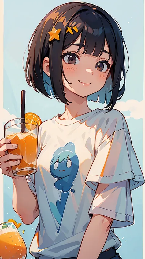 20-year-old women、 Dusty Blue Hair 、Jet Black Brown Eyes 、 bob cut、Orange hair ornament、Looking upwards 、The upper body is a white t-shirt 、Holding a cup filled with drinks、smile、delicious、No background、Background white