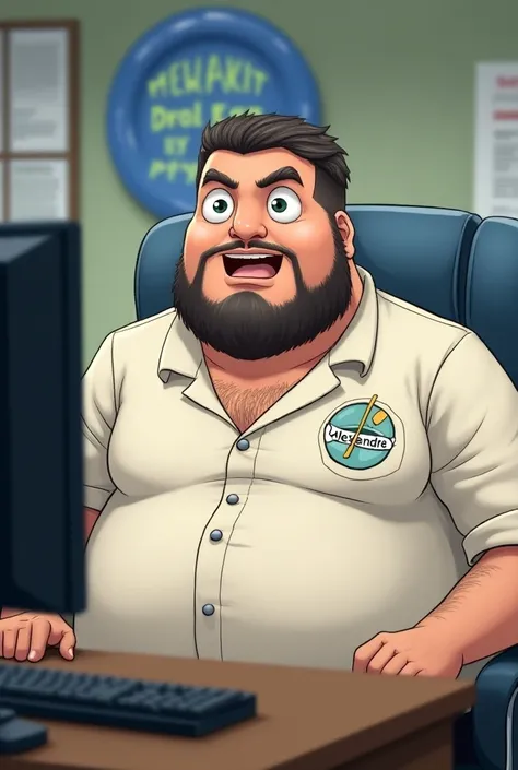 Create an image of an anime-faced white man sitting in front of a computer in an office, This man is white with his hair brushed to the side and a beard .  has a badge with the name Alexandre and behind him there is a blue plate with the name drool egg by ...