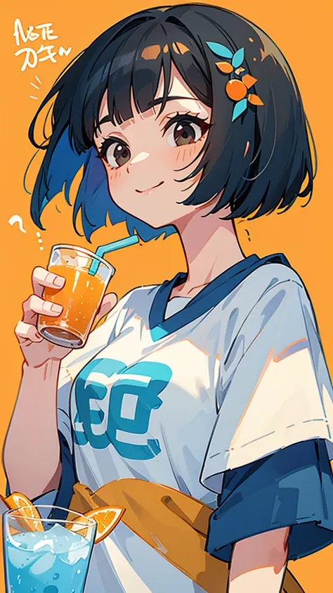 20-year-old women、 Dusty Blue Hair 、Jet Black Brown Eyes 、 bob cut、Orange hair ornament、Looking upwards 、The upper body is a white t-shirt 、Holding a cup filled with drinks、smile、delicious、No background、Background white