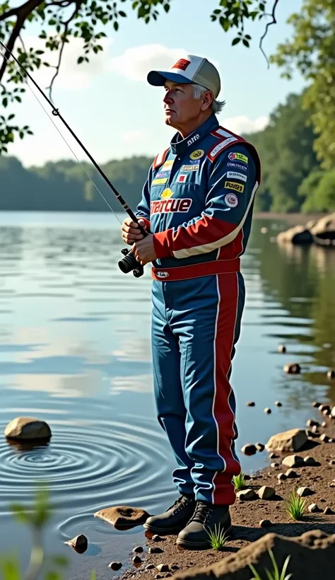 “Create an image of John Force wearing his iconic drag racing suit while fishing. Capture him standing by a peaceful lake or river, holding a fishing rod, with a relaxed expression as he waits for a catch. His racing suit contrasts with the calm, natural s...