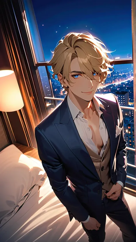 1man、30yo, blonde Hair、handsome、brawnily, blue Eyes、Sparkling Eyes、tuxedo、 off your tuxedo jacket、His dress shirt had come nearly undone、detailed eyes 、upper body, long legs, smile,  high resolution , masterpiece , Backlight、France、Night view, hotel  bed r...