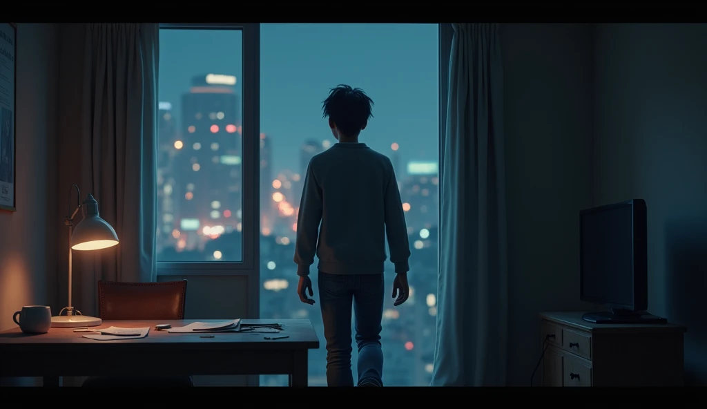 3d animation style. depicts the protagonist returning to an empty home at night ，The city lights outside the window are still bright ，, but his heart is only  and deserted 。 with expired documents and cold coffee on the table，, showing his inner helplessne...