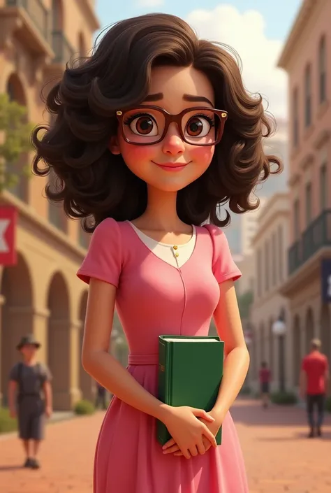  Pixar-style poster of a 23-year-old woman with defined curly hair, dark brown color, small eyes with square chocolate glasses ,  wearing formal pink dress and a green book ,  slightly chubby body . Missionary of the Church of Jesus Christ of Latter-day Sa...