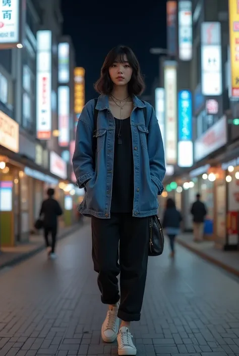  high resolution on down, Full Body View, Photogenic, Korean women, Beautiful, shining face ,  Black hair , He is wearing a tunic, denim jacket, and sneakers,  modern and stylish , He is carrying a small bag on his back, Around a Tokyo station at night, dy...