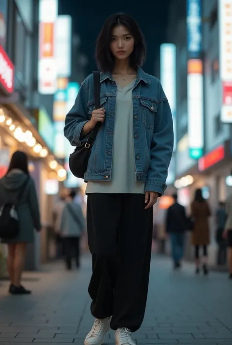  high resolution on down, Full Body View, Photogenic, Korean women, Beautiful, shining face ,  Black hair , He is wearing a tunic, denim jacket, and sneakers,  modern and stylish , He is carrying a small bag on his back, Around a Tokyo station at night, dy...