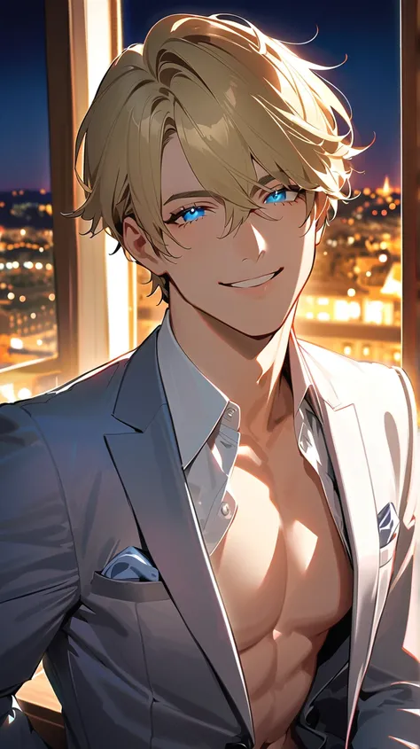 1man、30yo, blonde Hair、handsome、brawnily, blue Eyes、Sparkling Eyes、tuxedo、 off your tuxedo jacket、His dress shirt had come nearly undone、detailed eyes 、upper body, long legs, smile,  high resolution , masterpiece , Backlight、France、Night view, hotel  bed r...