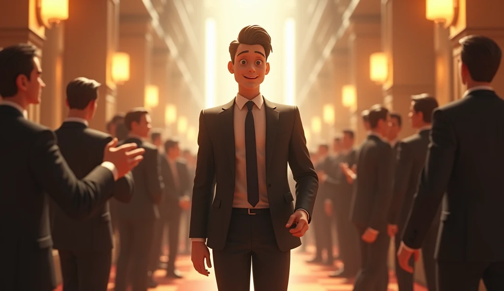 3d animation style. Describes the rapid rise of a young businessman in the business world，The office is brilliant ， The crowd at the reception was bustling ， Everyone toasts warmly ， The protagonist is wearing a fancy suit ，Smiling Face， surrounded by hypo...