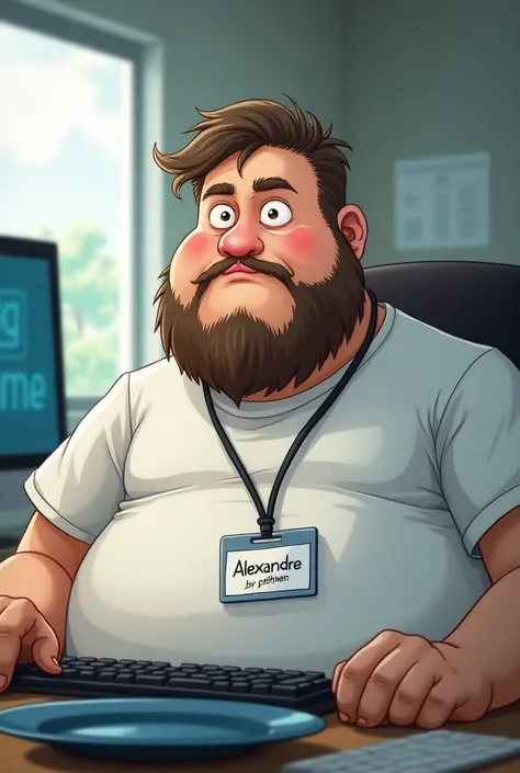 Create an image of an anime-faced white man sitting in front of a computer in an office, This man is white with his hair brushed to the side and a beard .  There is a badge with the name Alexandre and behind it there is a blue plate with the name in Portug...