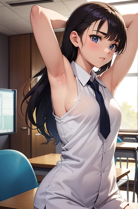 Teenage girl shaving armpit on her school desk classroom
