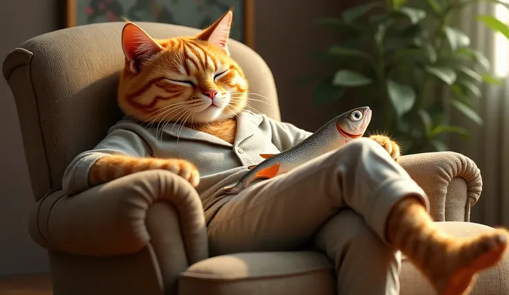  Hyper realism of an anthropomorphic orange cat, adult, He wears clothes and acts like a person,  hes lying in an armchair  ,  hes very lazy , Hes eating fish  