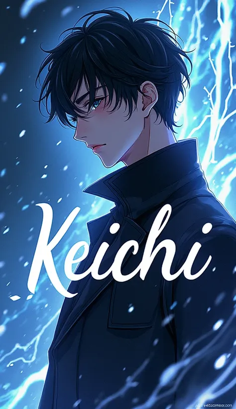 Write the character KEICHI in cursive with a cool background