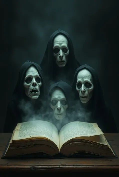 Many ghostly faces are drawn on the pages of the book.  Each face seemed to rise from the book and look at the student.  Fear and mystery on the faces.