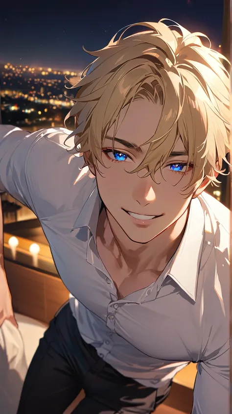 1man、30yo, blonde Hair、handsome、brawnily, blue Eyes、Sparkling Eyes、His dress shirt had come nearly undone、detailed eyes 、upper body, long legs, smile,  high resolution , masterpiece , Backlight、France、Night view, hotel room, 座る、from above