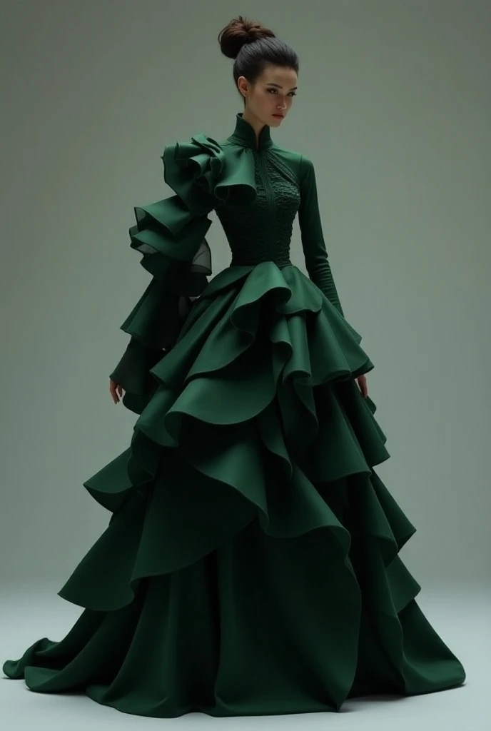 Dark green long dress with several layers of ruffles with single sleeve 