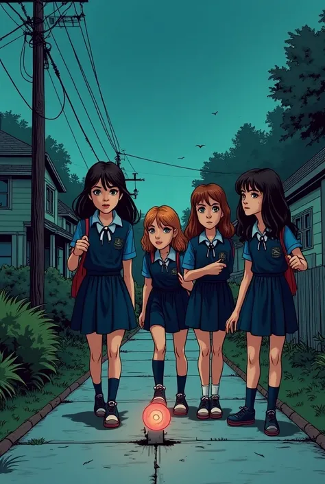 Create a group of 4 friends finding an old DVD on their way to their school address set in the 2000s comic style all women a little more terrifying with a navy blue uniform