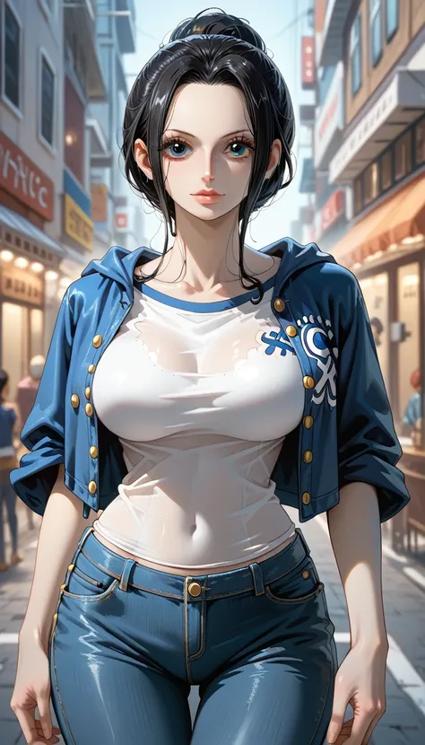 masterpiece, best quality, intricate details, 1girl, mature female, black hair, nico robin  (one piece), blue eyes, bob cut, hair slicked back, Denim jacket, white T-shirt, casual pants, (Fashionable clothing), female focus, large breast, wide hips, lookin...