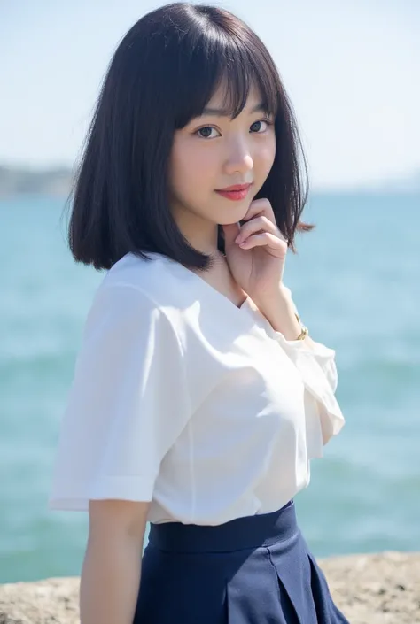 8k,  super high resolution, Best Quality, masterpiece,  1 girl, (Age 15:1.3), beautiful face,Idol,  beautiful eyes down to the smallest detail , Finely detailed ,masterpiece,,  Japanese Women ,seaside,daylight,white no sleeve shirt, Navy pleated skirt, Fil...