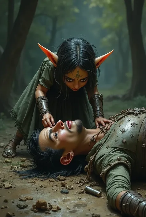 Goblin girl taking an advantage of a fallen warrior by taking his virginity