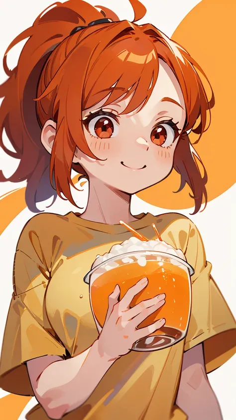 20-year-old women、 orange hair holding、 ponytail、Round red eyes、Looking upwards 、The upper body is an orange t-shirt、Holding a cup filled with drinks、smile、delicious、No background、Background white