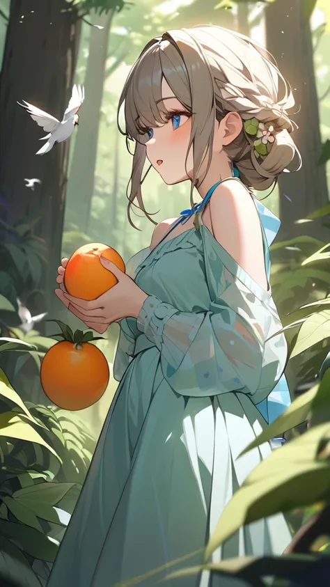 One Girl、 curious expression 、Deep Eyes、Shoulder-length hairstyle、 clothes made of plants 、Small breasts、 holding fruit in hand、  
break、  
 bright sunlight、（ Vivid Colors :1.3）、 soft highlights 、Natural atmosphere 、Gentle breeze、 Artistic Details 、Fun fee...