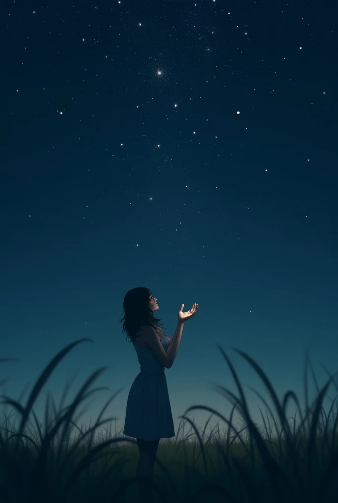 It represents a woman alone looking at the starry sky , in the field.  sending a kiss and a hug to a woman who is in another country 