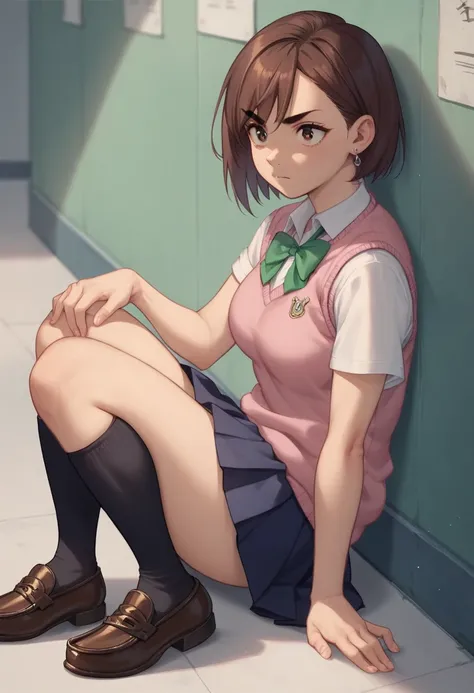 momo ayase, short hair, brown hair, brown eyes, bangs, thick eyebrows, medium breasts
skirt, school uniform, pleated skirt, shoes, socks, loafers, sweater vest, pink sweater, shirt, white shirt, collared shirt, earrings, green earrings, sexy