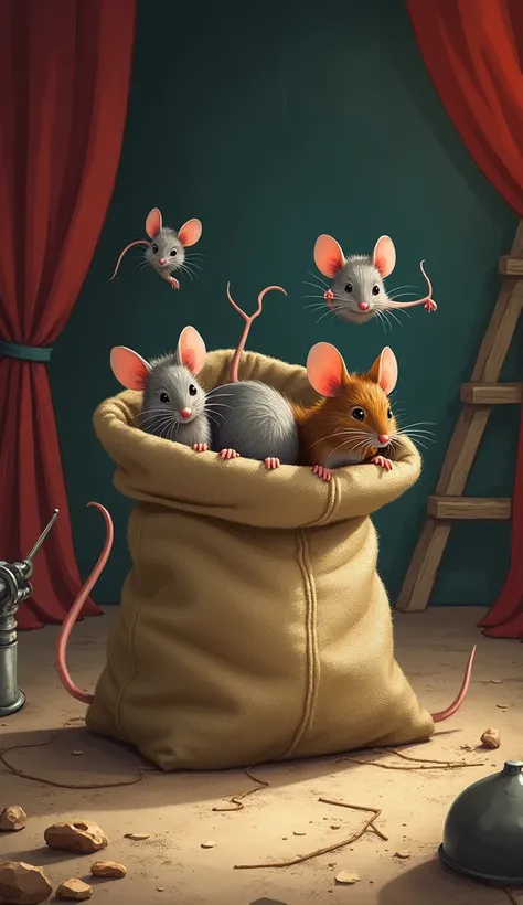 In the backstage of the village ， a group of mice came out of the bag