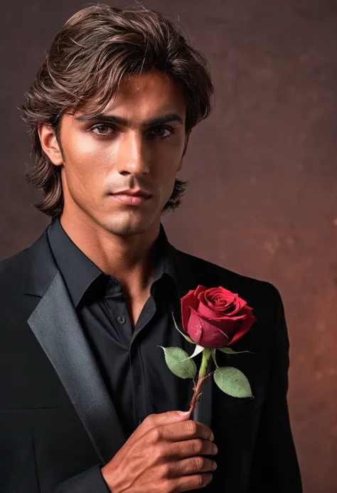 tanned skinned man, brown hair and pretty eyes holding a withered red rose , Good-bodied dressed in black